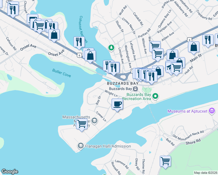 map of restaurants, bars, coffee shops, grocery stores, and more near 7 Harbor Place in Bourne