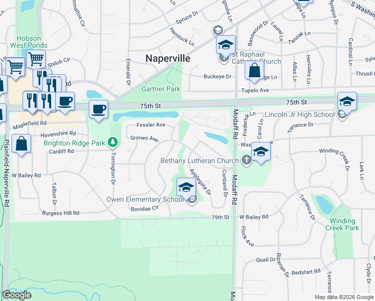 map of restaurants, bars, coffee shops, grocery stores, and more near 1455 Applegate Drive in Naperville