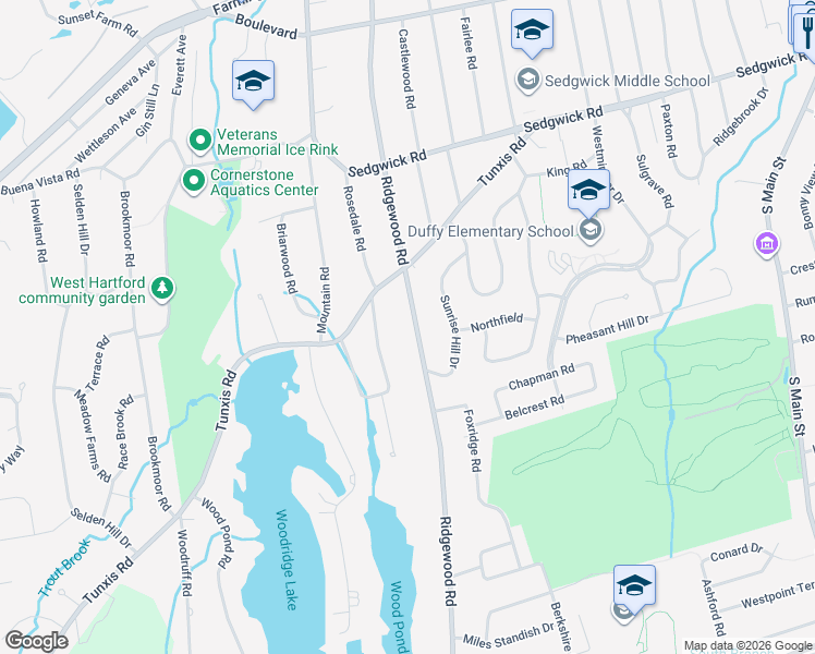 map of restaurants, bars, coffee shops, grocery stores, and more near 157 Ridgewood Road in West Hartford