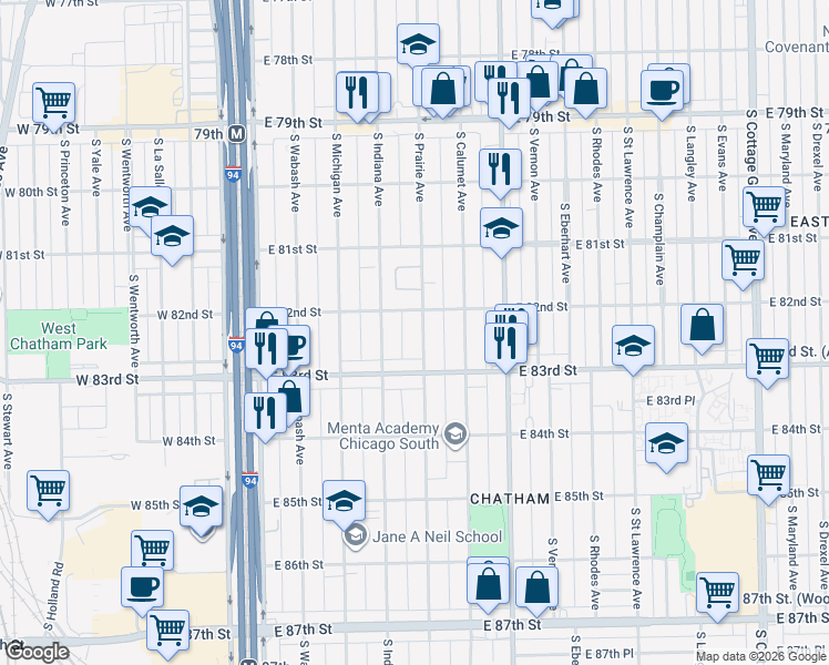 map of restaurants, bars, coffee shops, grocery stores, and more near 8220 South Prairie Avenue in Chicago