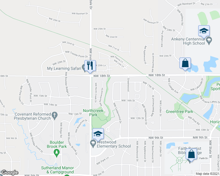 map of restaurants, bars, coffee shops, grocery stores, and more near 1602 Northwest Cedarwood Drive in Ankeny