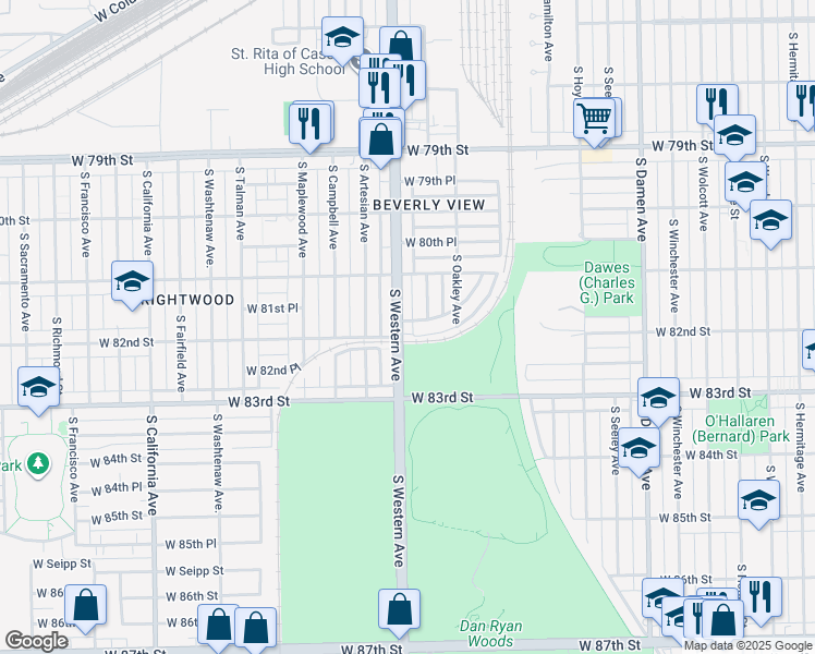 map of restaurants, bars, coffee shops, grocery stores, and more near 8151 South Western Avenue in Chicago