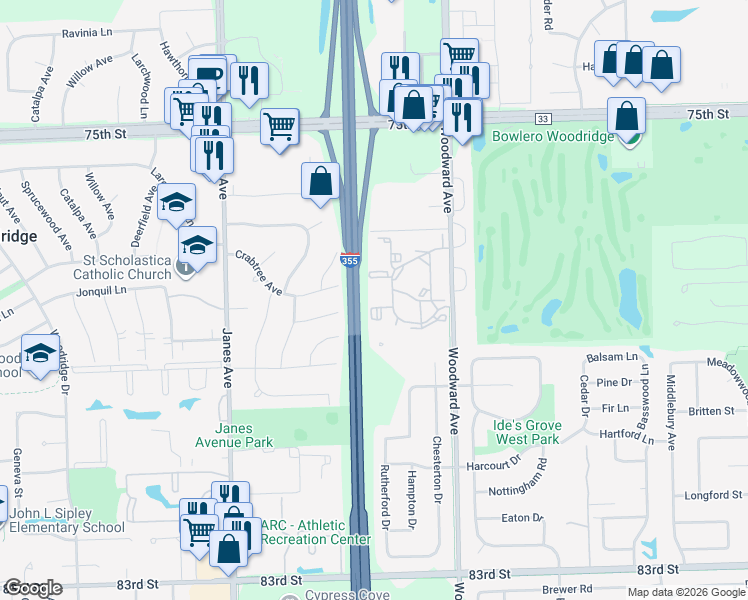 map of restaurants, bars, coffee shops, grocery stores, and more near 2263 Country Club Drive in Woodridge