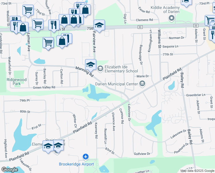 map of restaurants, bars, coffee shops, grocery stores, and more near 606 Manning Road in Downers Grove
