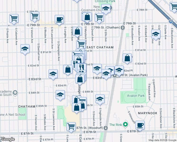 map of restaurants, bars, coffee shops, grocery stores, and more near 8226 South Drexel Avenue in Chicago
