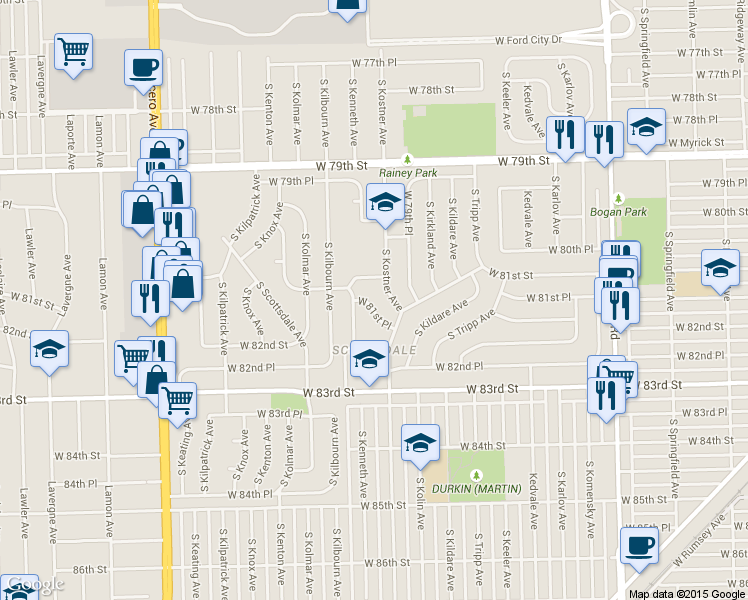 map of restaurants, bars, coffee shops, grocery stores, and more near 4440 West 81st Place in Chicago