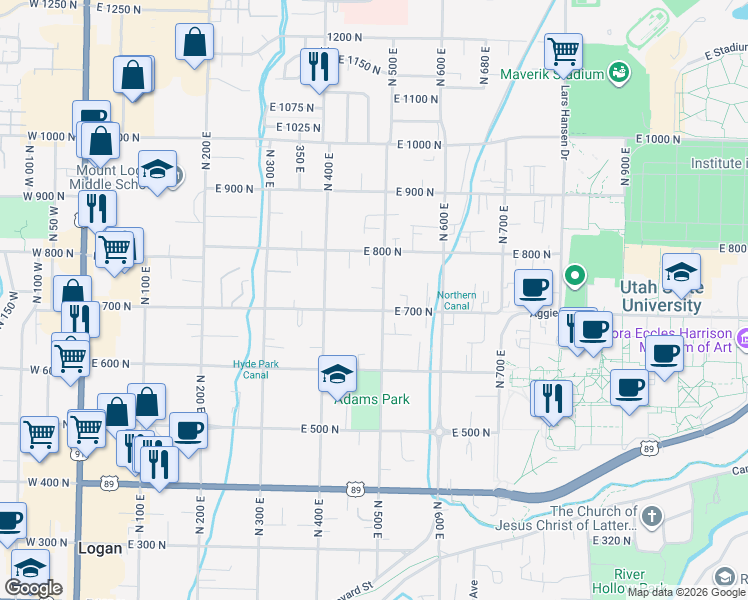 map of restaurants, bars, coffee shops, grocery stores, and more near 709 North 500 East in Logan