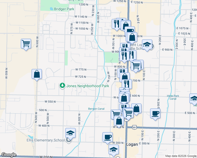 map of restaurants, bars, coffee shops, grocery stores, and more near 210 West 725 North in Logan