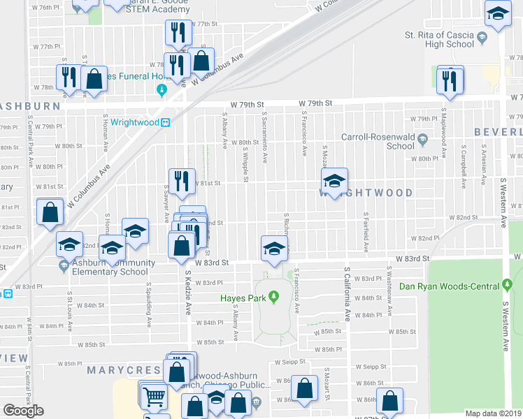 map of restaurants, bars, coffee shops, grocery stores, and more near 8144 South Sacramento Avenue in Chicago