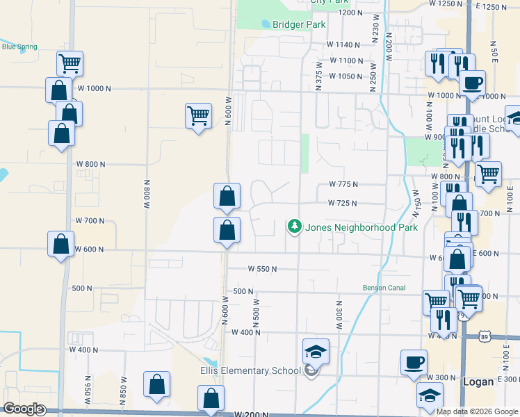 map of restaurants, bars, coffee shops, grocery stores, and more near 499 West 725 North in Logan