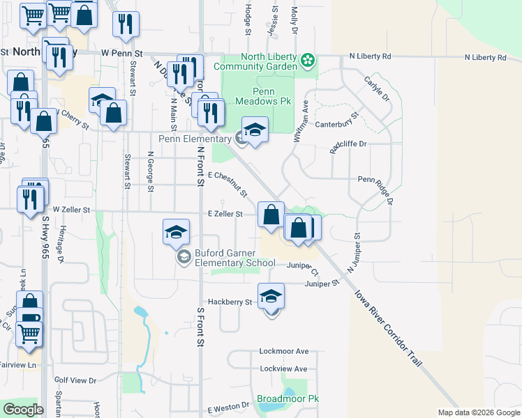map of restaurants, bars, coffee shops, grocery stores, and more near 110 East Zeller Street in North Liberty