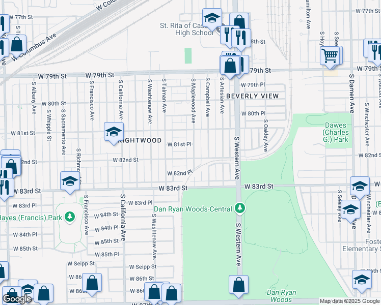 map of restaurants, bars, coffee shops, grocery stores, and more near 8146 South Maplewood Avenue in Chicago