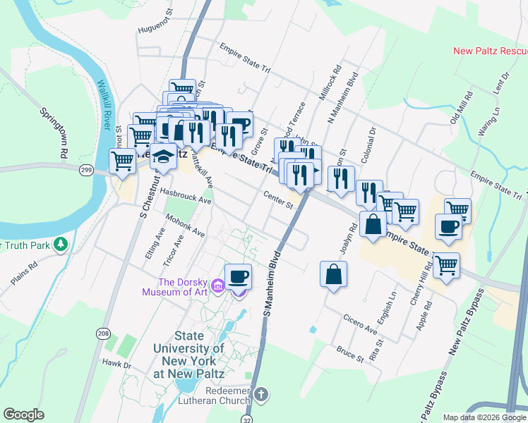 map of restaurants, bars, coffee shops, grocery stores, and more near 7 Ridge Rd in New Paltz