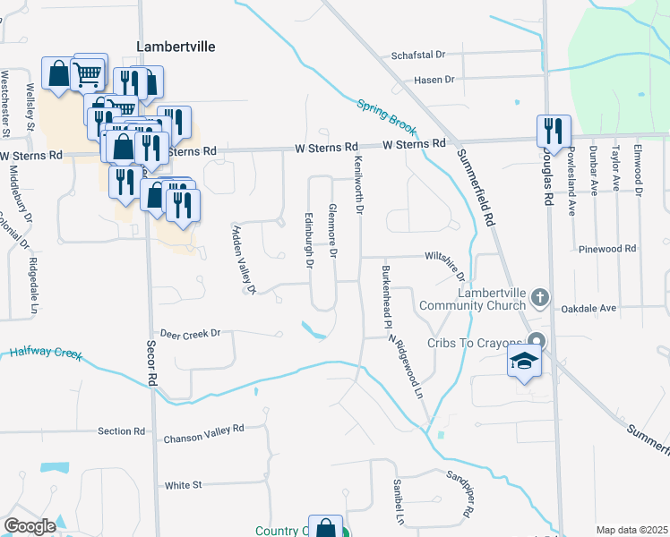 map of restaurants, bars, coffee shops, grocery stores, and more near 7050 Glenmore Drive in Lambertville