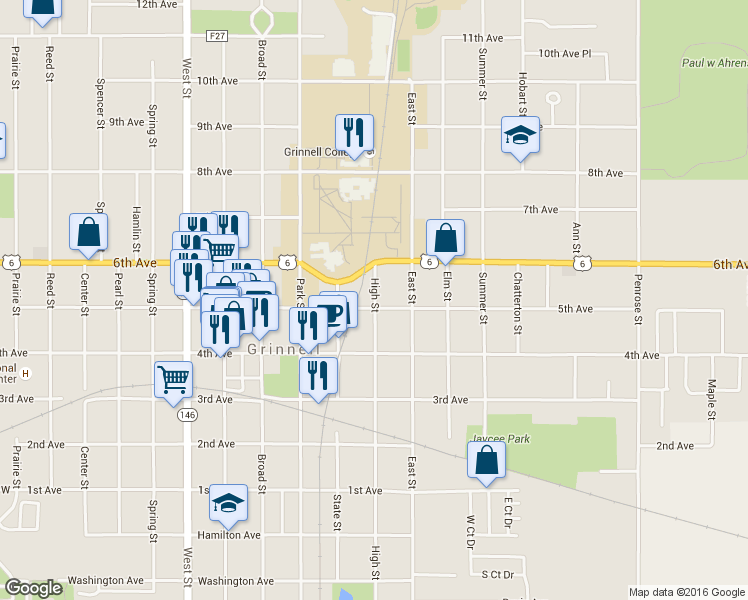 map of restaurants, bars, coffee shops, grocery stores, and more near 1005 High Street in Grinnell