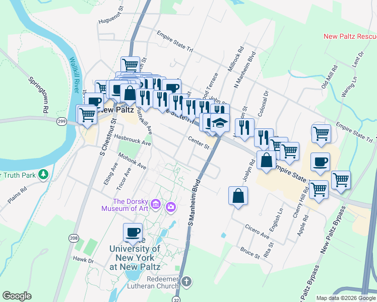 map of restaurants, bars, coffee shops, grocery stores, and more near 7 Ridge Road in New Paltz