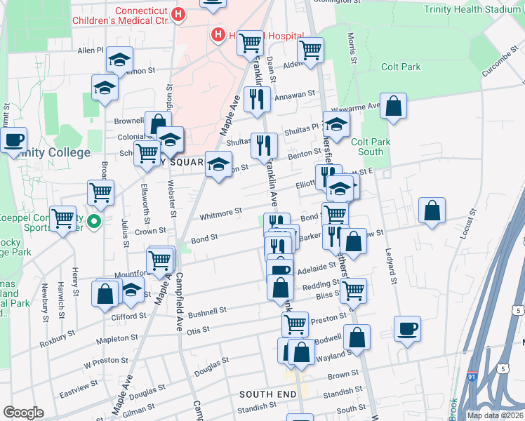 map of restaurants, bars, coffee shops, grocery stores, and more near 19 Whitmore Street in Hartford