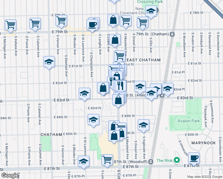 map of restaurants, bars, coffee shops, grocery stores, and more near 8227 South Evans Avenue in Chicago