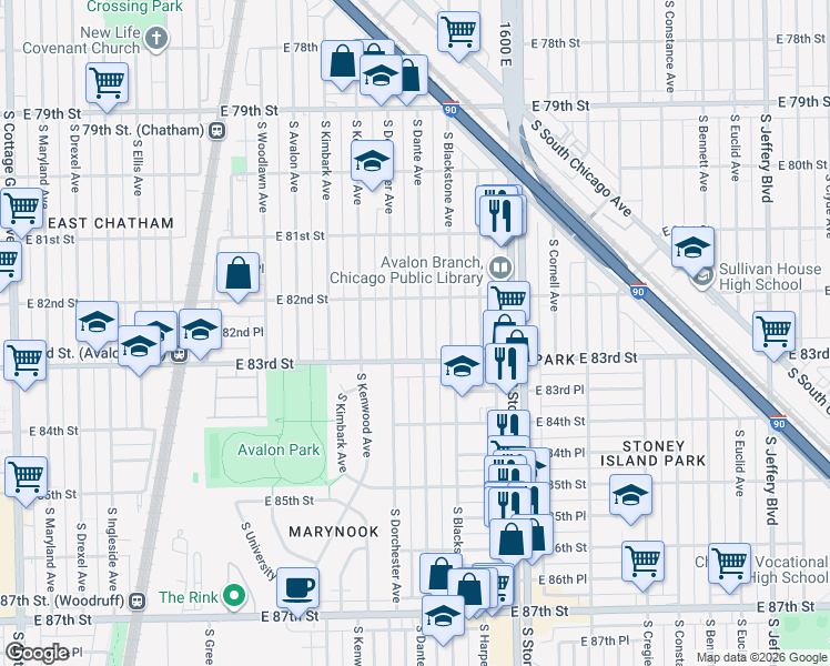 map of restaurants, bars, coffee shops, grocery stores, and more near 8232 South Dante Avenue in Chicago