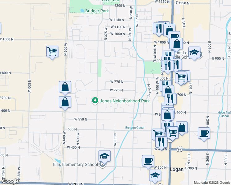 map of restaurants, bars, coffee shops, grocery stores, and more near 306 West 725 North in Logan