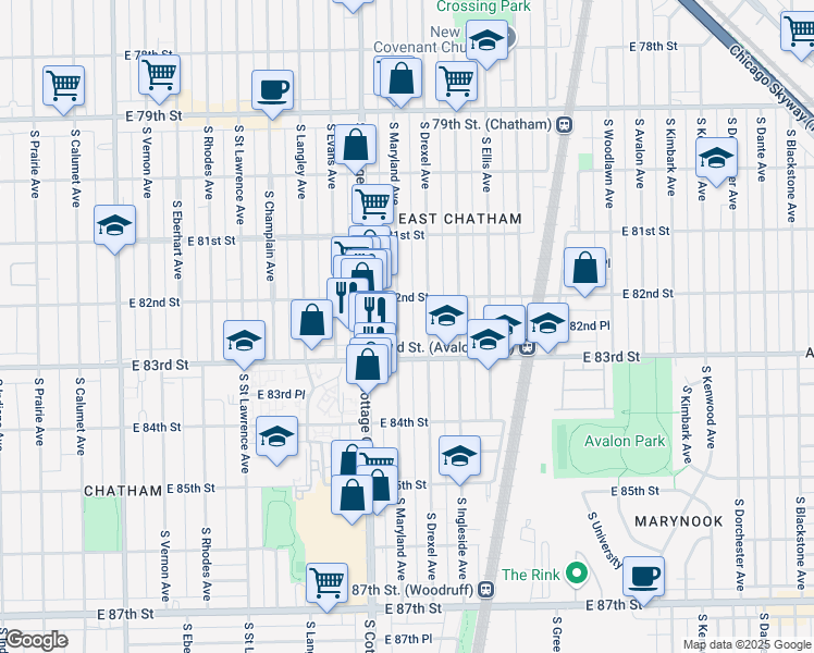 map of restaurants, bars, coffee shops, grocery stores, and more near 8226 South Drexel Avenue in Chicago