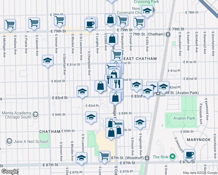 map of restaurants, bars, coffee shops, grocery stores, and more near 8227 South Evans Avenue in Chicago