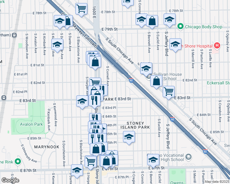 map of restaurants, bars, coffee shops, grocery stores, and more near 8234 South East End Avenue in Chicago