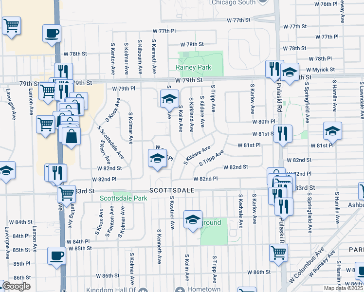 map of restaurants, bars, coffee shops, grocery stores, and more near 4328 West 81st Street in Chicago