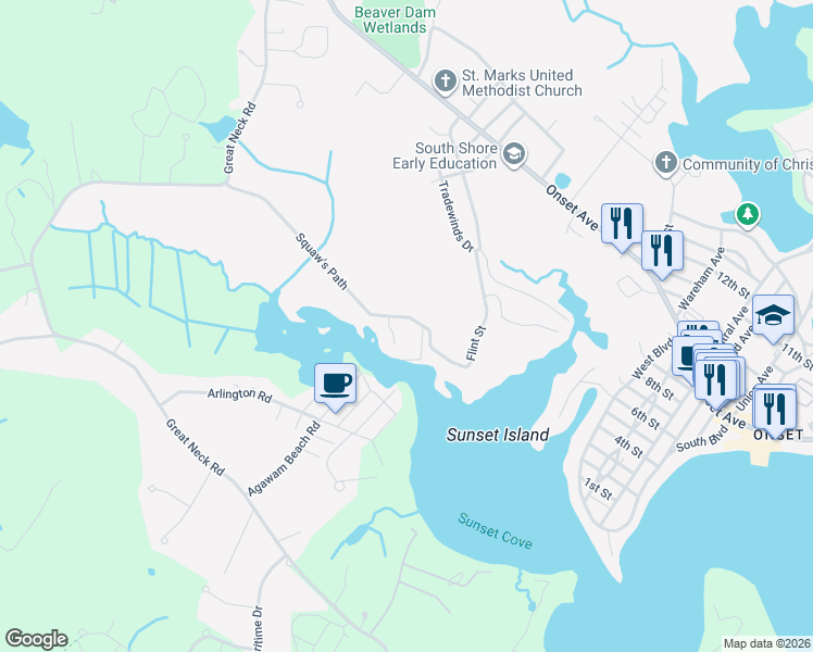 map of restaurants, bars, coffee shops, grocery stores, and more near 100 Squaw's Path in Wareham