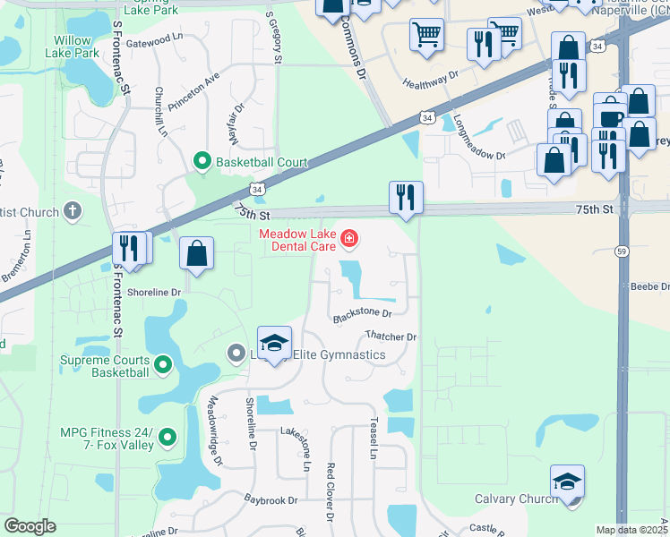 map of restaurants, bars, coffee shops, grocery stores, and more near 612 Blackstone Court in Aurora