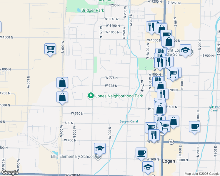 map of restaurants, bars, coffee shops, grocery stores, and more near 306 West 725 North in Logan