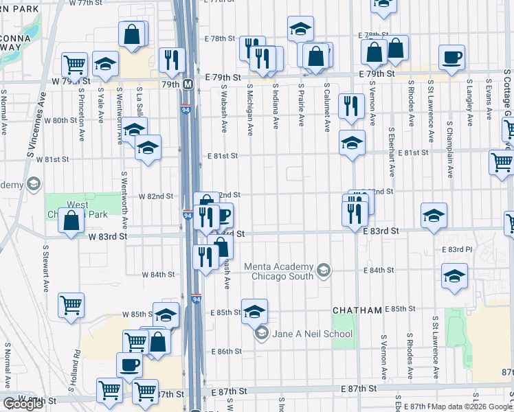 map of restaurants, bars, coffee shops, grocery stores, and more near 8217 South Michigan Avenue in Chicago