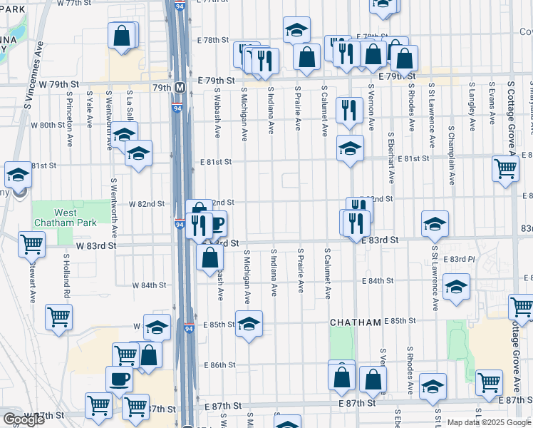 map of restaurants, bars, coffee shops, grocery stores, and more near 8216 South Indiana Avenue in Chicago