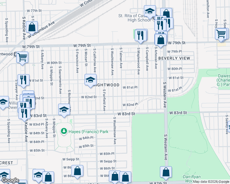 map of restaurants, bars, coffee shops, grocery stores, and more near 8147 South Washtenaw Avenue in Chicago