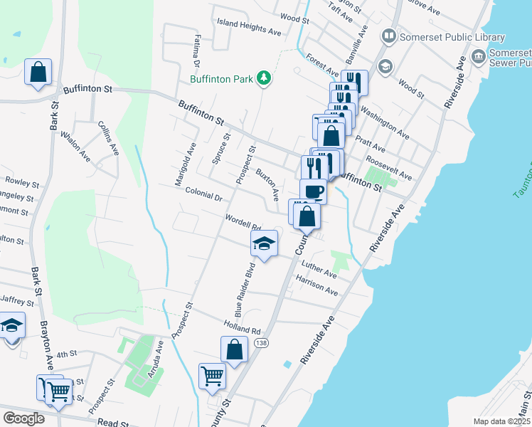 map of restaurants, bars, coffee shops, grocery stores, and more near 115 Shawomet Avenue in Somerset