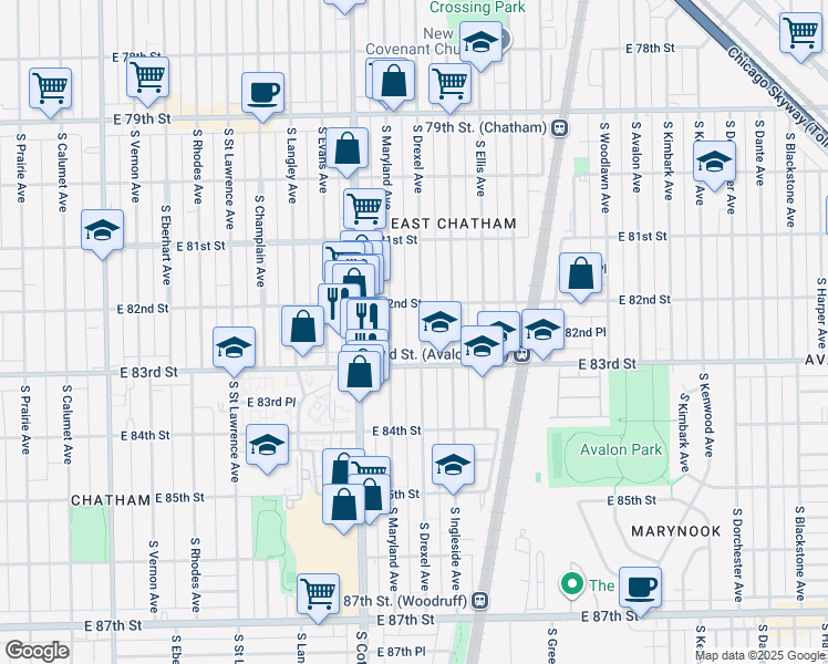 map of restaurants, bars, coffee shops, grocery stores, and more near 8226 South Drexel Avenue in Chicago