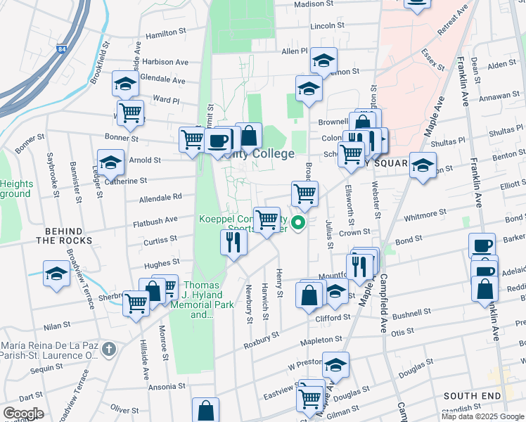 map of restaurants, bars, coffee shops, grocery stores, and more near 92 Crescent Street in Hartford