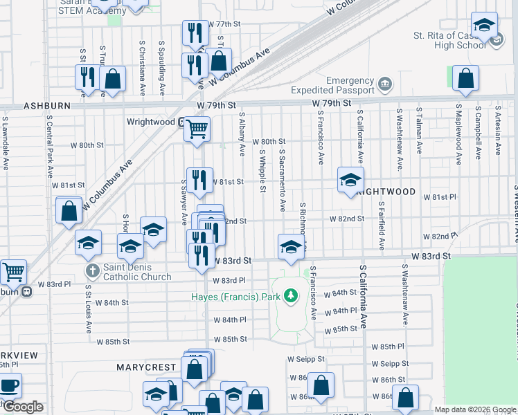 map of restaurants, bars, coffee shops, grocery stores, and more near 8140 South Whipple Street in Chicago