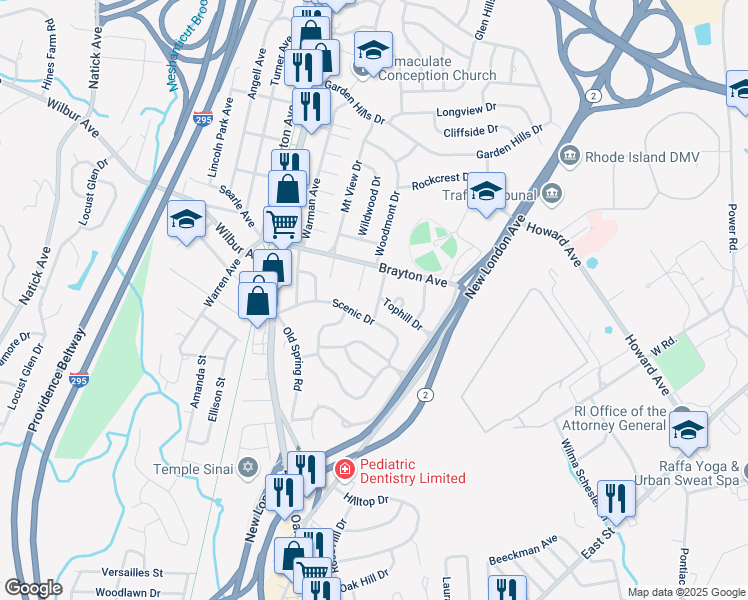 map of restaurants, bars, coffee shops, grocery stores, and more near 29 Rock Hill Drive in Cranston