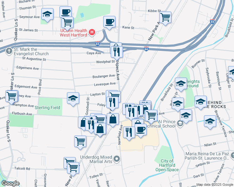 map of restaurants, bars, coffee shops, grocery stores, and more near 403 New Park Avenue in Hartford