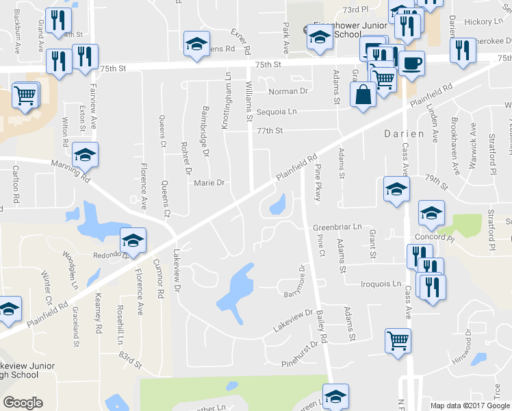 map of restaurants, bars, coffee shops, grocery stores, and more near 1554 Darien Lake Drive in Darien