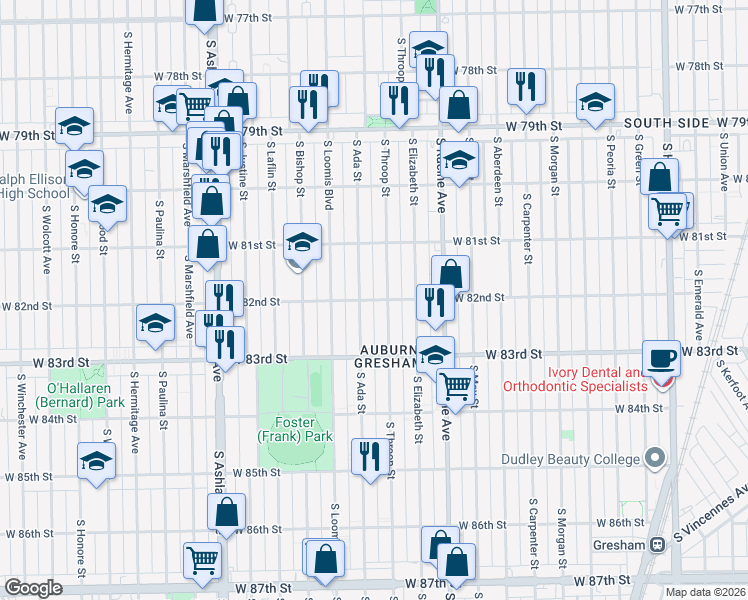 map of restaurants, bars, coffee shops, grocery stores, and more near 1322 West 82nd Street in Chicago