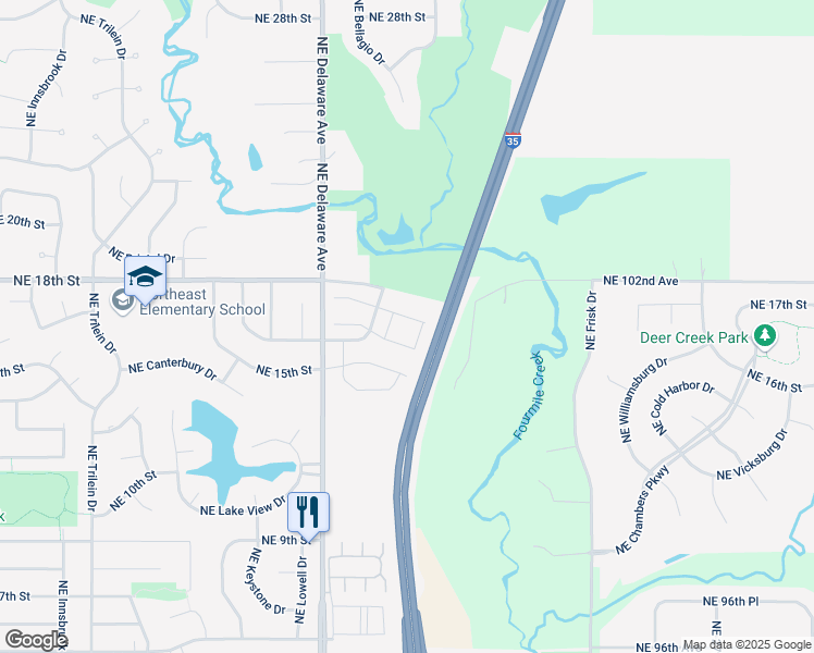 map of restaurants, bars, coffee shops, grocery stores, and more near 1207 Northeast Windsor Drive in Ankeny