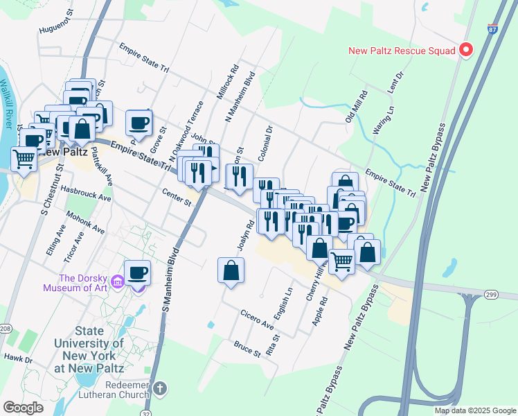 map of restaurants, bars, coffee shops, grocery stores, and more near 231 Main Street in New Paltz