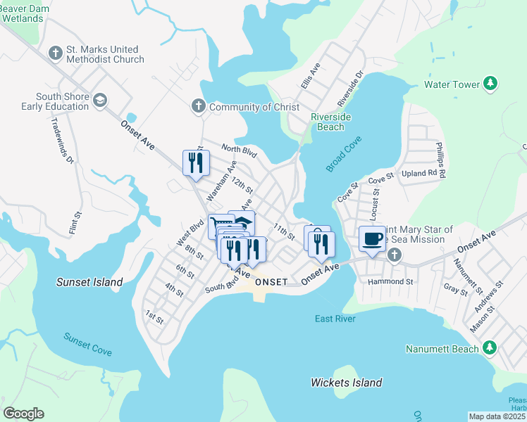 map of restaurants, bars, coffee shops, grocery stores, and more near 30 Highland Avenue in Wareham