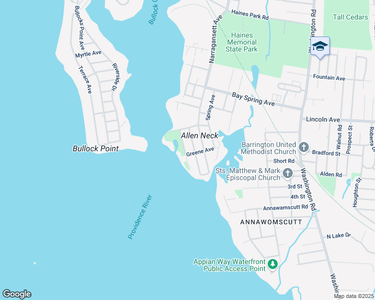 map of restaurants, bars, coffee shops, grocery stores, and more near 46 Blanding Avenue in Barrington