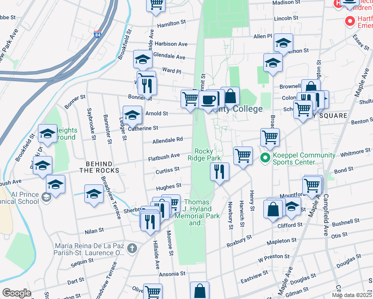 map of restaurants, bars, coffee shops, grocery stores, and more near 145 Zion Street in Hartford