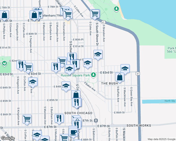 map of restaurants, bars, coffee shops, grocery stores, and more near 8251 South Coles Avenue in Chicago