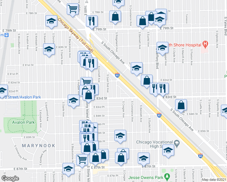 map of restaurants, bars, coffee shops, grocery stores, and more near 8236 South Ridgeland Avenue in Chicago