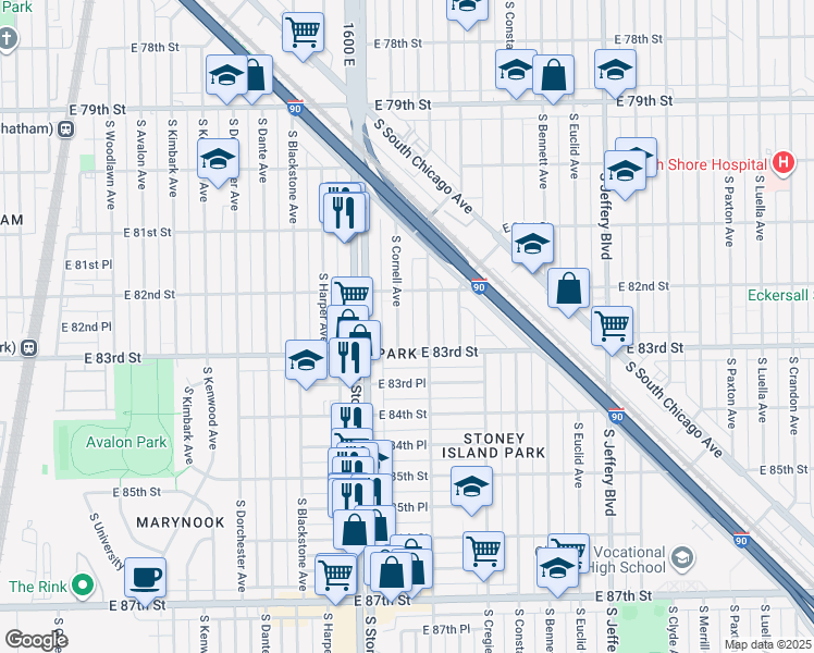 map of restaurants, bars, coffee shops, grocery stores, and more near 8234 South East End Avenue in Chicago